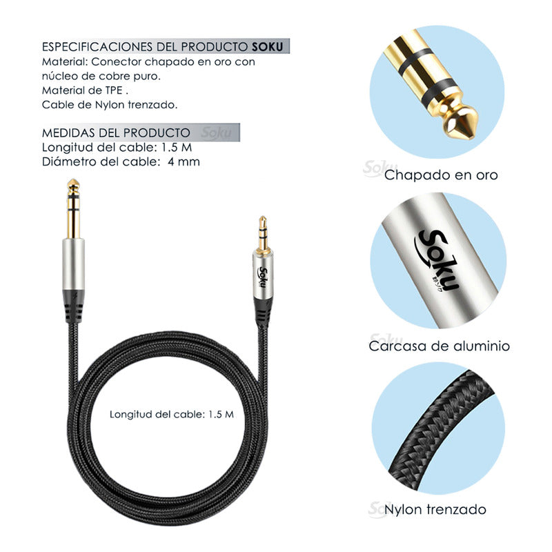 Soku Cable Amplificador Estéreo Trs 3.5 Mm A 6.35 Multimedia
