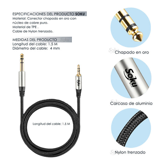Soku Cable Amplificador Estéreo Trs 3.5 Mm A 6.35 Multimedia