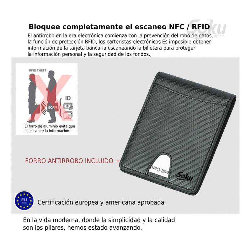 Cartera Billetera Fibra Carbono Antirrobo Piel Genuina Rfid