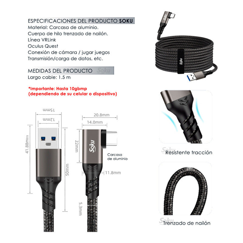 Soku Cable Vr Link Para Oculus Quest2 Cel 2go Usb 3.2 10gbps