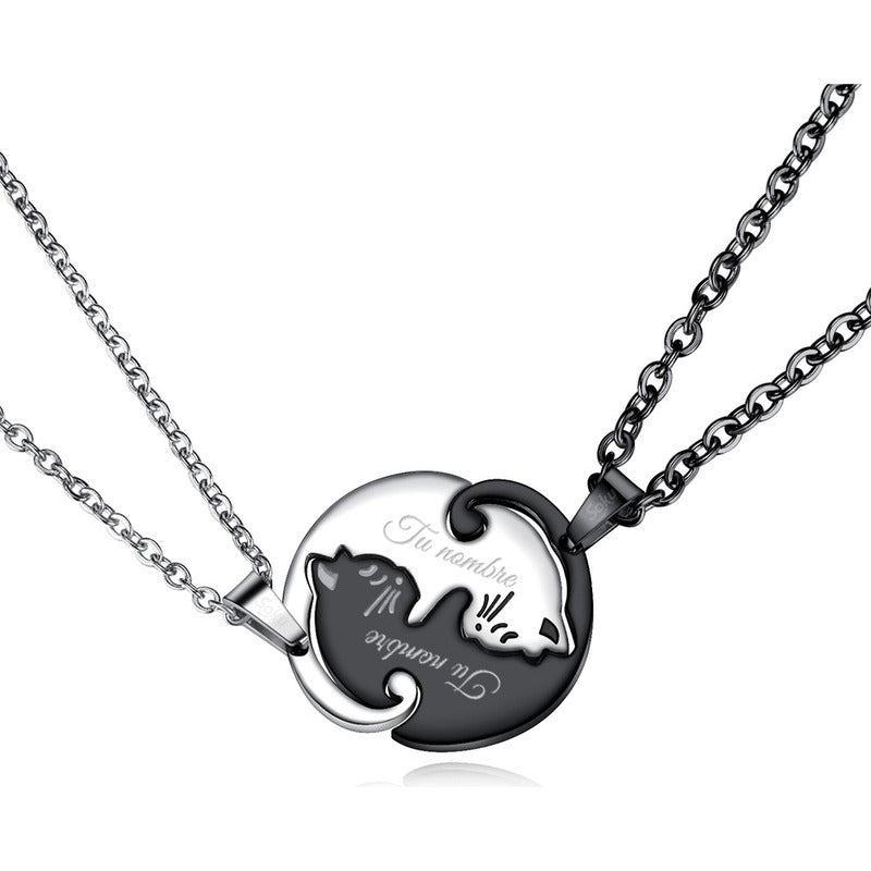 2 Collares Personalizado Parejas Amor Gato Acero Inoxidable