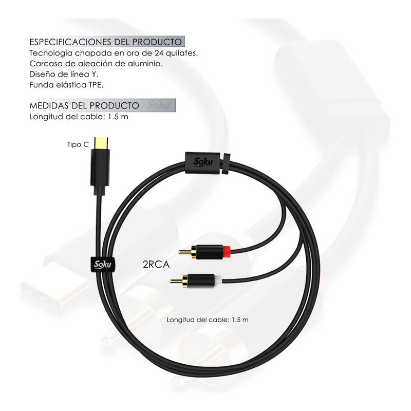 Cable Usb C A 2 Rca Hifi Sonido Premium 24k Soku