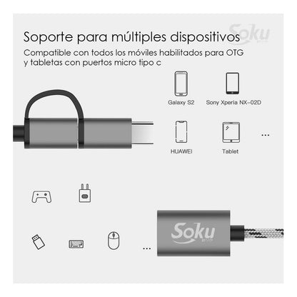 Cable 2 En 1 Adaptador Micro Usb V8 Tipo C A Usb 3.0 Otg