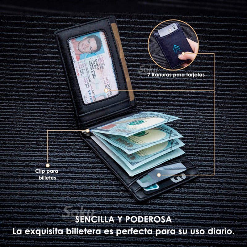 Billetera Cartera Fibra Carbono Antirrobo Clip Piel Genuina