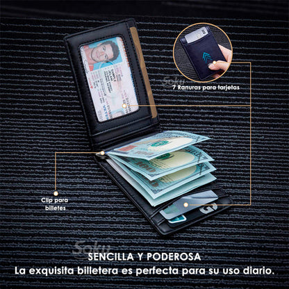 Billetera Cartera Fibra Carbono Antirrobo Clip Piel Genuina