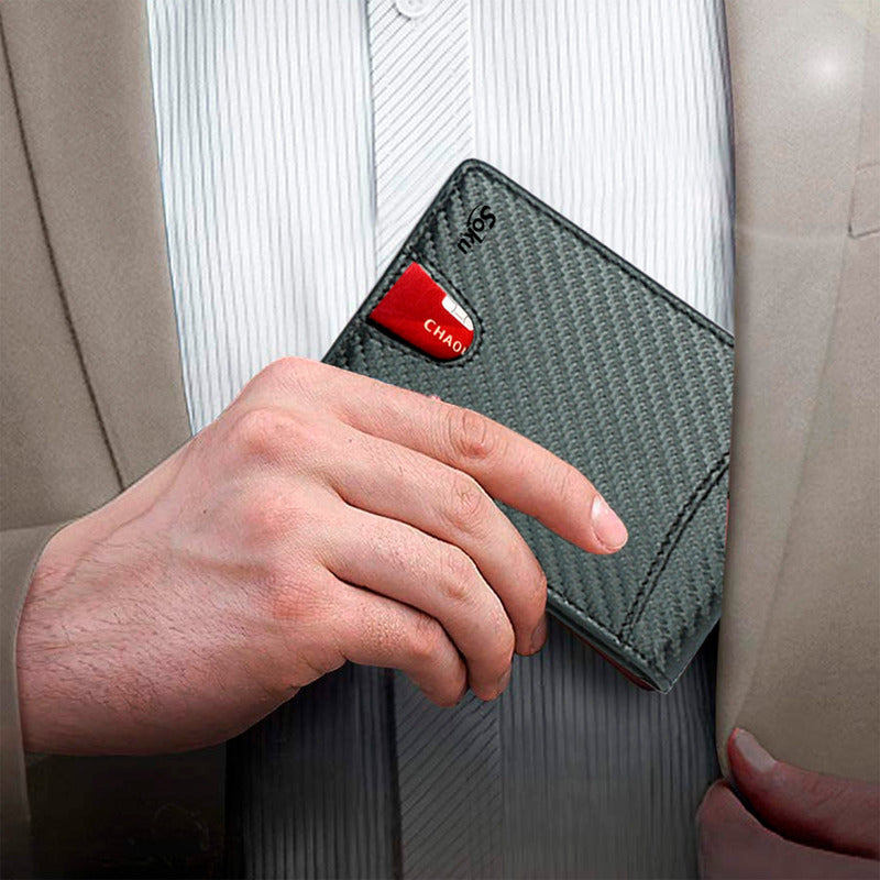 Cartera Billetera Fibra Carbono Antirrobo Piel Genuina Rfid