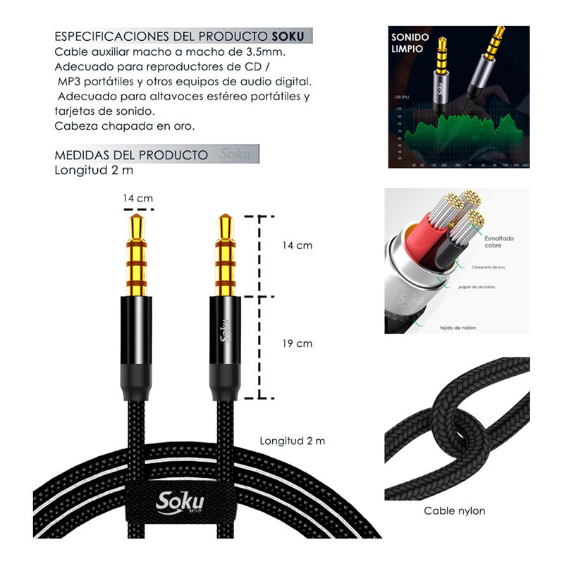 Cable Auxiliar Estereo 2 Jack 3.5mm Machos 4 Polos 1.5m