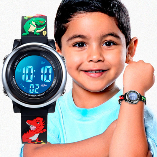 Reloj Niños Dinosaurios 3d Impermeable Alarma Luz Led Rudo