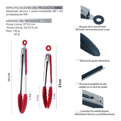 2 Tenazas Chef Acero Inoxidable Pinzas Silicona Pan Ensalada