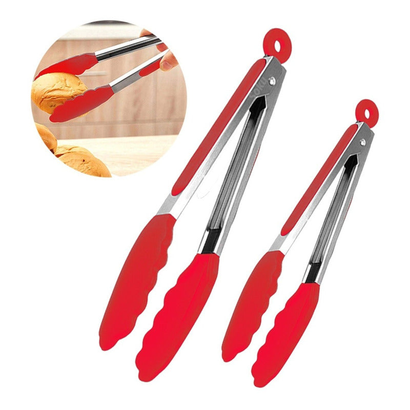 2 Tenazas Chef Acero Inoxidable Pinzas Silicona Pan Ensalada