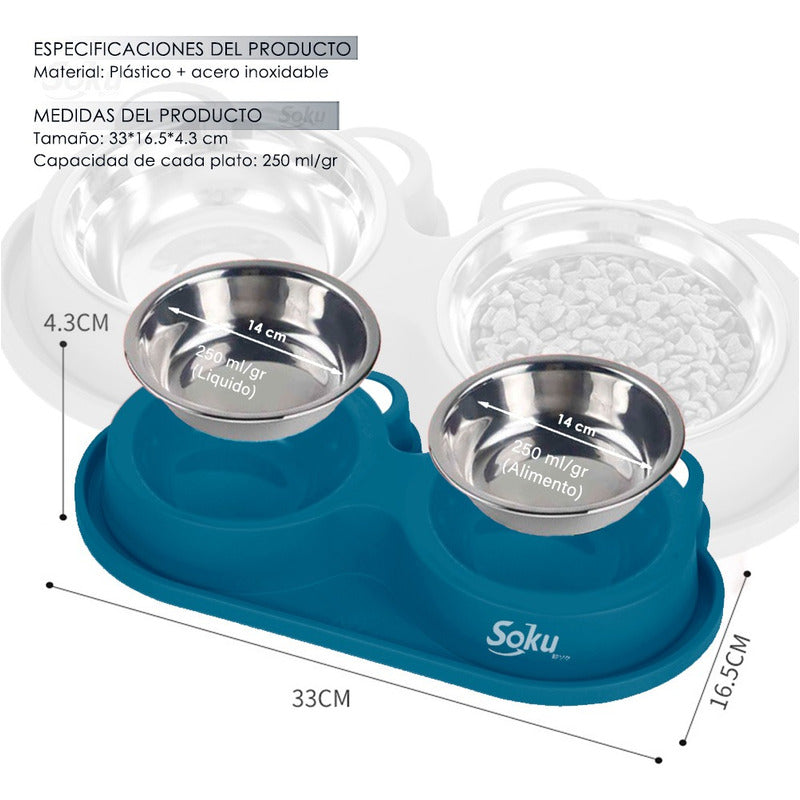 Tazon Doble Plato Para Perro Antiderrapante Acero Inoxidable
