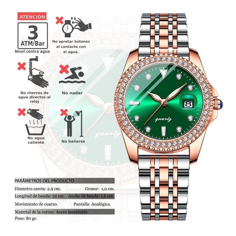 Reloj Acero Inoxidable Brillantes Esfera Fechador Cx