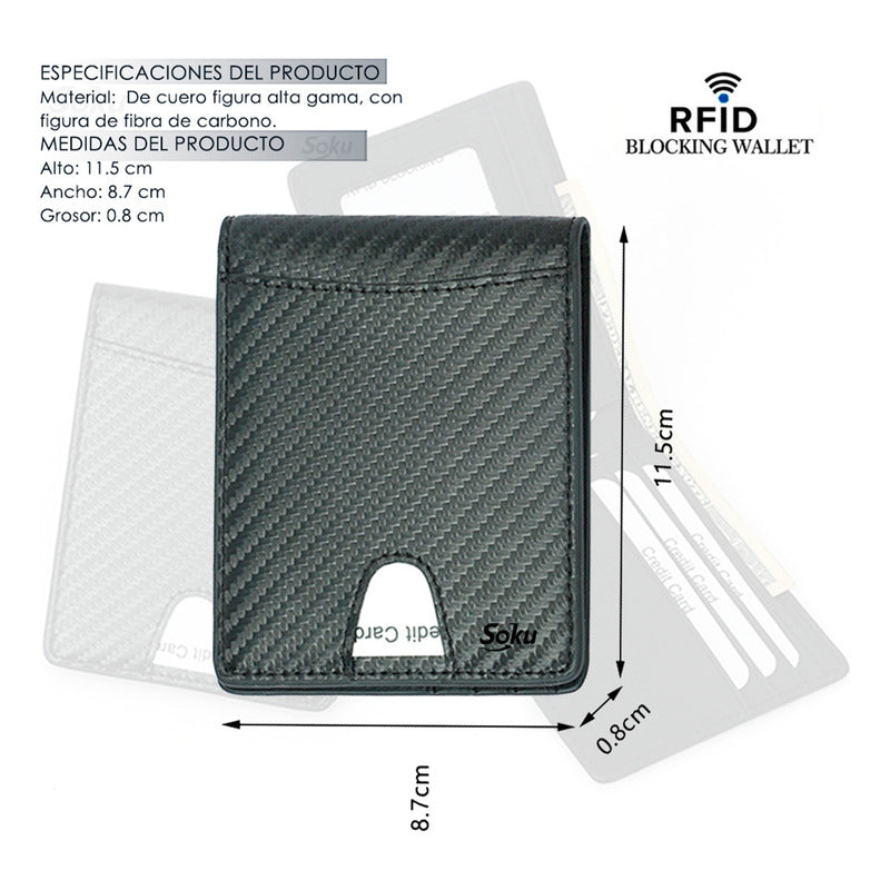 Cartera Billetera Fibra Carbono Antirrobo Piel Genuina Rfid