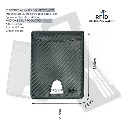 Cartera Billetera Fibra Carbono Antirrobo Piel Genuina Rfid