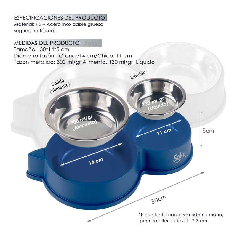 Tazon Doble Acero Inoxidable Perro Medio Y Gato Grande Soku