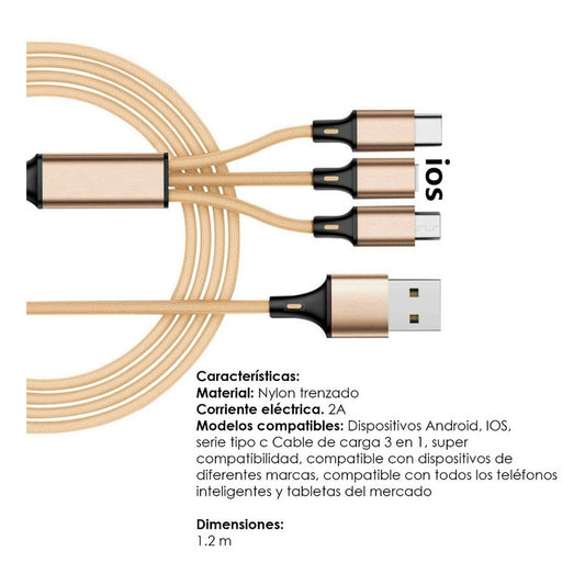 Cable Usb Tipo C/ Micro Usb/ 8 Pines 3 En 1 Datos Carga