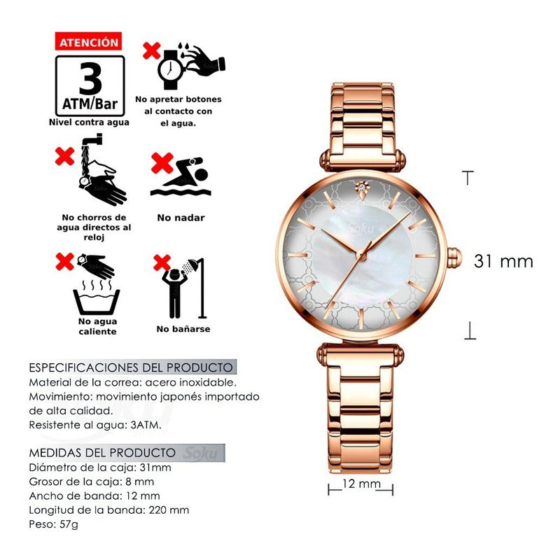 Reloj Inoxidable Nacar Brillante Elegante Mov Japones Cu