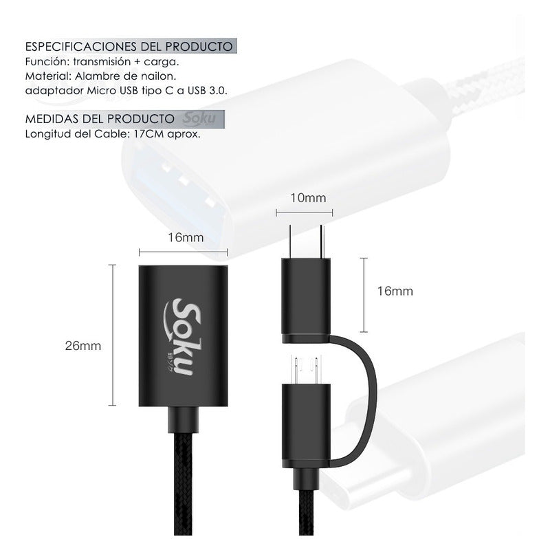 Cable 2 En 1 Adaptador Micro Usb V8 Tipo C A Usb 3.0 Otg