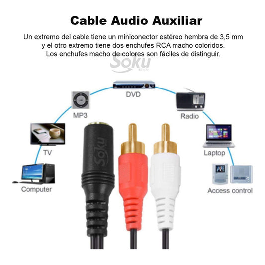 Cable Adaptador Estereo 2 Rca Machos A Aux 3.5mm Hembra
