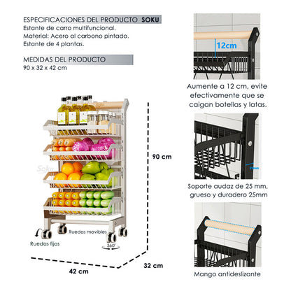Soku Carrito Servicio 4 Niveles Acero Reforzado Duradero