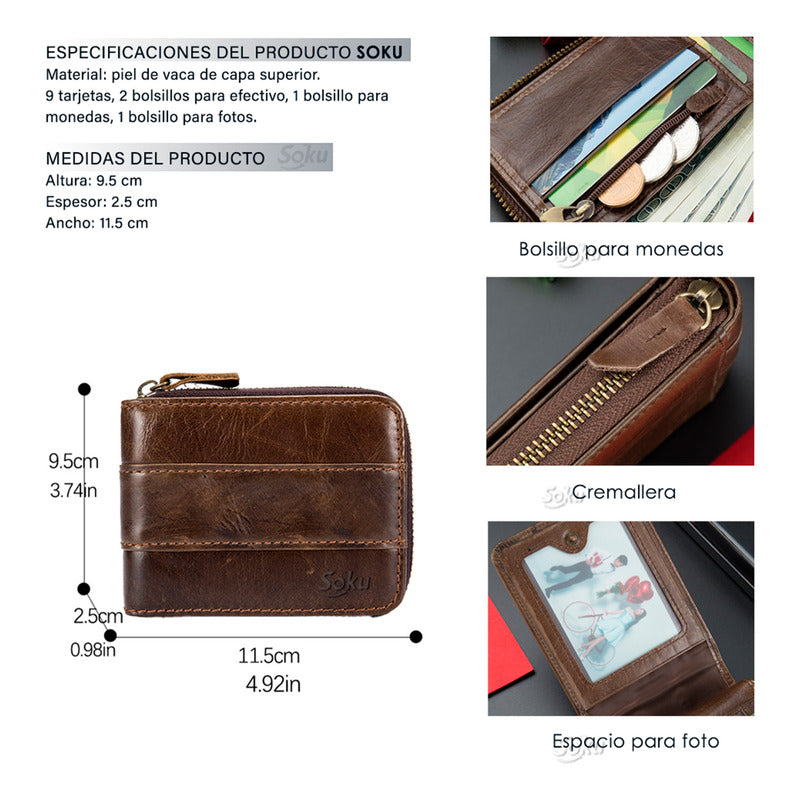 Soku Cartera Bloqueo Rfid Cierre Dura Piel Genuina Premium