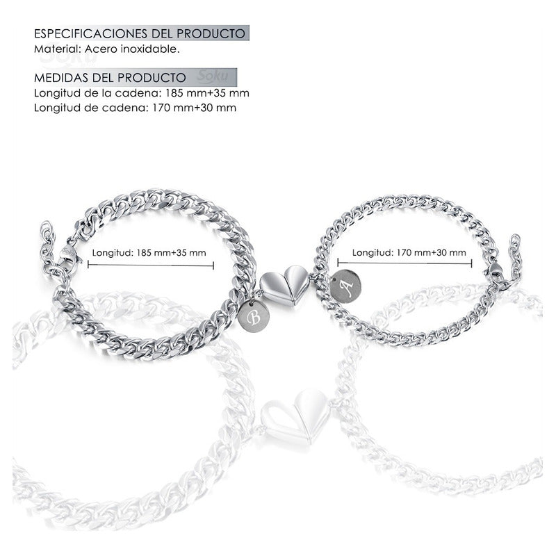 2 Pulseras Pareja Personalizada Iman Corazón Acero Titanio