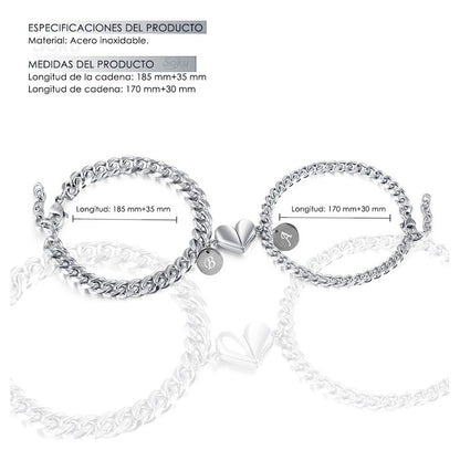 2 Pulseras Pareja Personalizada Iman Corazón Acero Titanio