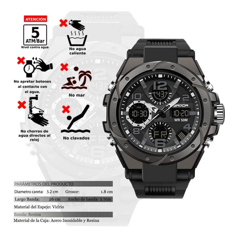 Reloj Dual Digital Led Militar Uso Rudo Contra Agua 5 Bar Sd