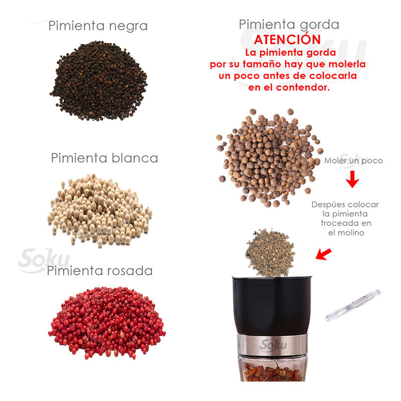 2 Pimenteros Saleros Molino Acero Inoxidable Cristal Soku