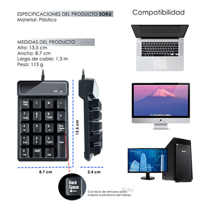 Mini Teclado Numérico Cable Con Usb 19 Teclas Para Mac Y Pc