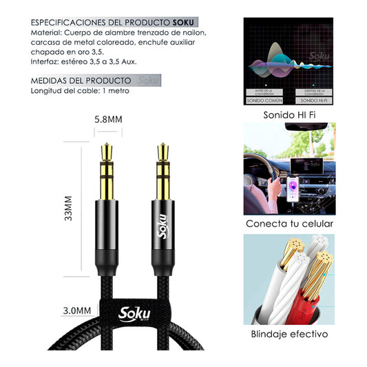 Cable Auxiliar Audio Jack 3.5mm A 3.5mm Macho Macho Rudo 24k