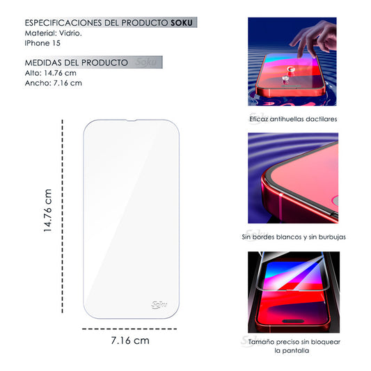 Soku Cristal Templado 9h Hd Para iPhone 15 Extra Fuerte