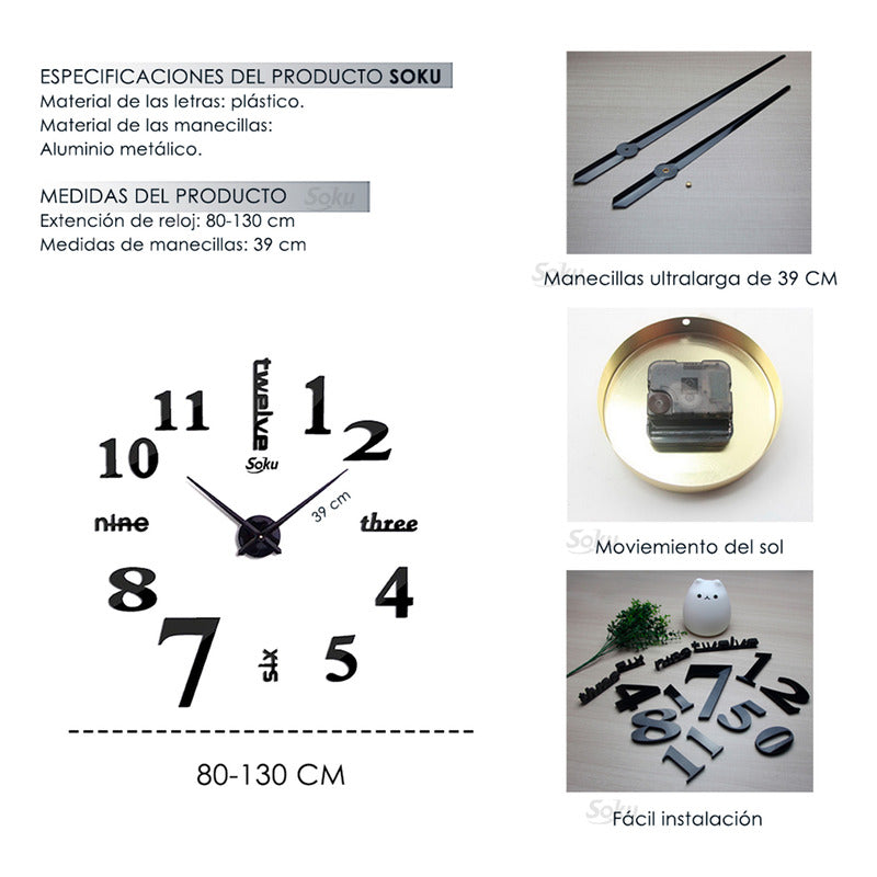 Soku Reloj De Pared 3d Sala Oficina Gigante Durable