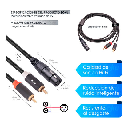 Soku Cable Xlr A 2 Rca A Mezcladora Amplificador Dj Hifi 3m