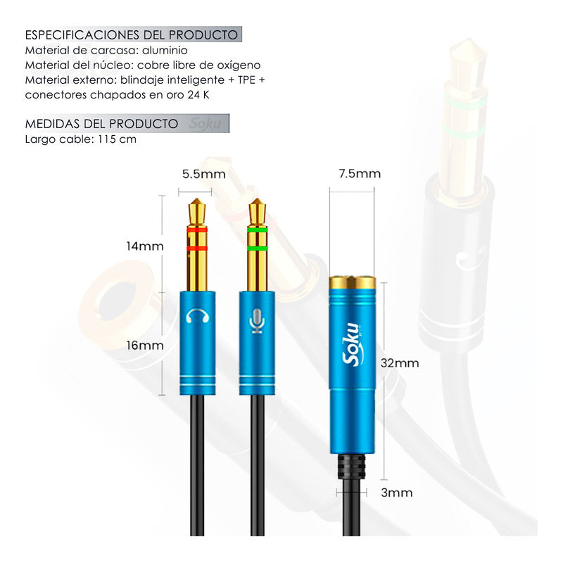 Cable Divisor Adaptador Jack 3.5mm 2 Machos A 1 Hembra Largo