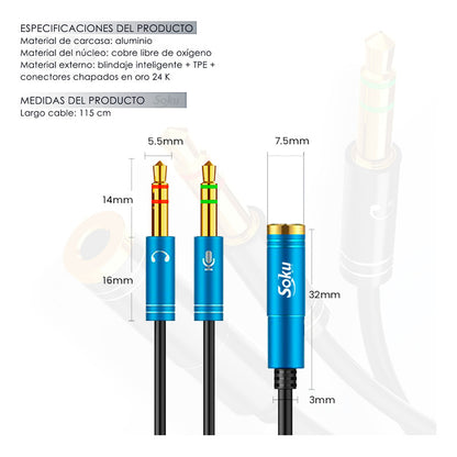Cable Divisor Adaptador Jack 3.5mm 2 Machos A 1 Hembra Largo