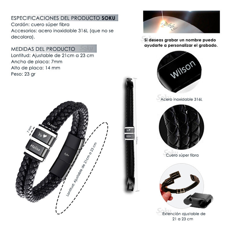 Soku Pulsera Personalizada Piel Acero Inoxidable Titanio