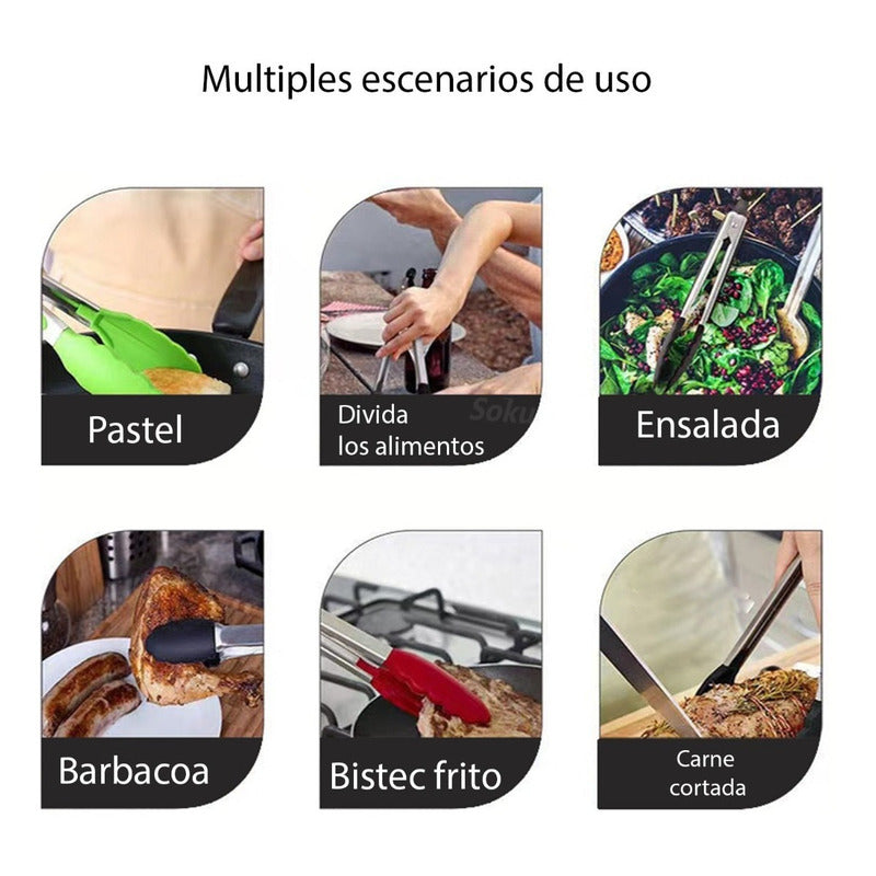 2 Tenazas Chef Acero Inoxidable Pinzas Silicona Pan Ensalada