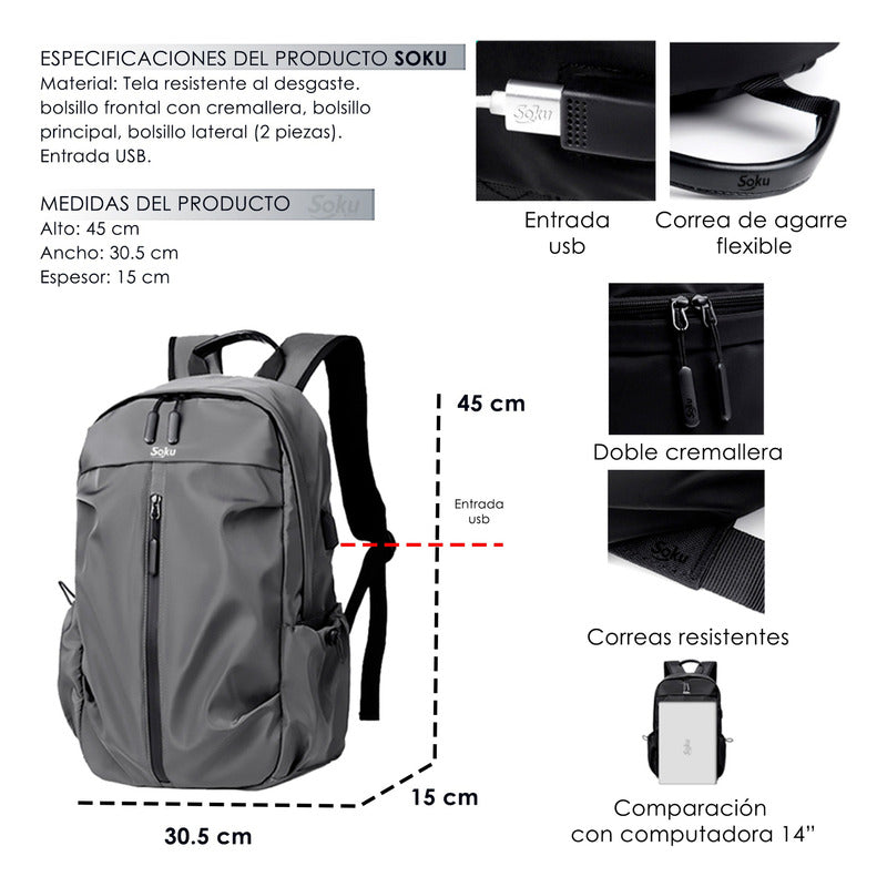 Soku Mochila Premium Contra Agua Laptop 14 Amplia Viaje