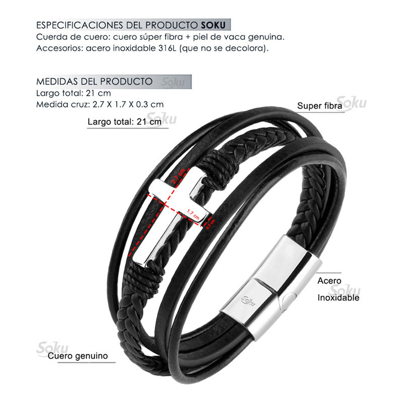 Soku Pulsera Cruz Personalizada Piel Acero Inoxidable