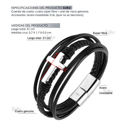 Soku Pulsera Cruz Personalizada Piel Acero Inoxidable