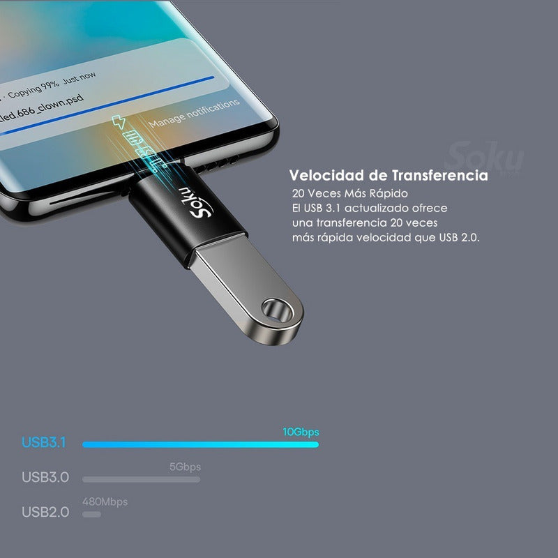 Soku Adaptador Otg Tipo C A Usb 3.1 Velocidad Real 10 Gbps
