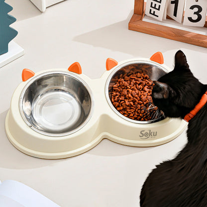 Soku Tazon Doble Elevado Acero Inoxidable Gato Seguro Feliz