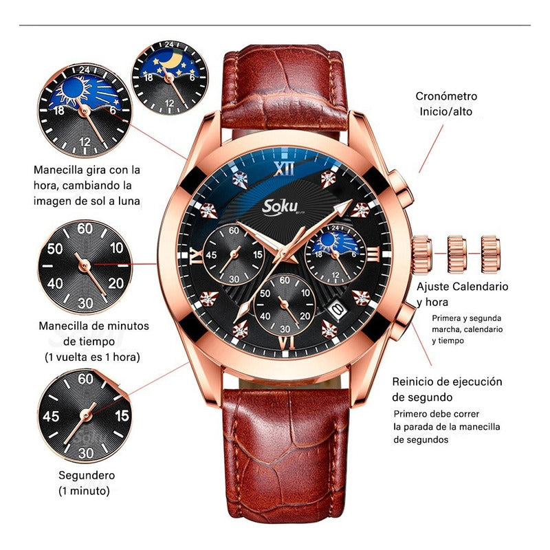 Reloj Cuero Cronometro Real Fechador Original Impermeable