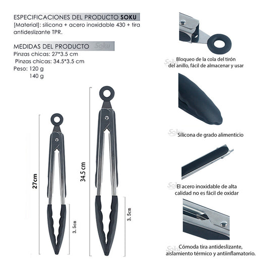 2 Tenazas Chef Acero Inoxidable Pinzas Silicona Pan Ensalada