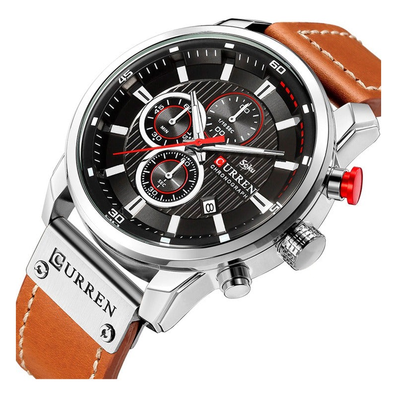 Reloj Cronometro Piel Real Acero Mov Japones Contra Agua Cu