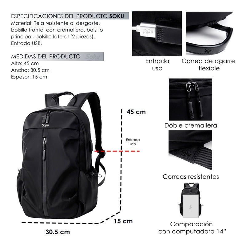 Soku Mochila Premium Contra Agua Laptop 14 Amplia Viaje