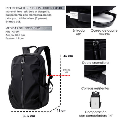 Soku Mochila Premium Contra Agua Laptop 14 Amplia Viaje