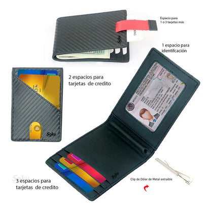 Cartera Billetera Piel Fibra Carbono Protección Rfid Clip