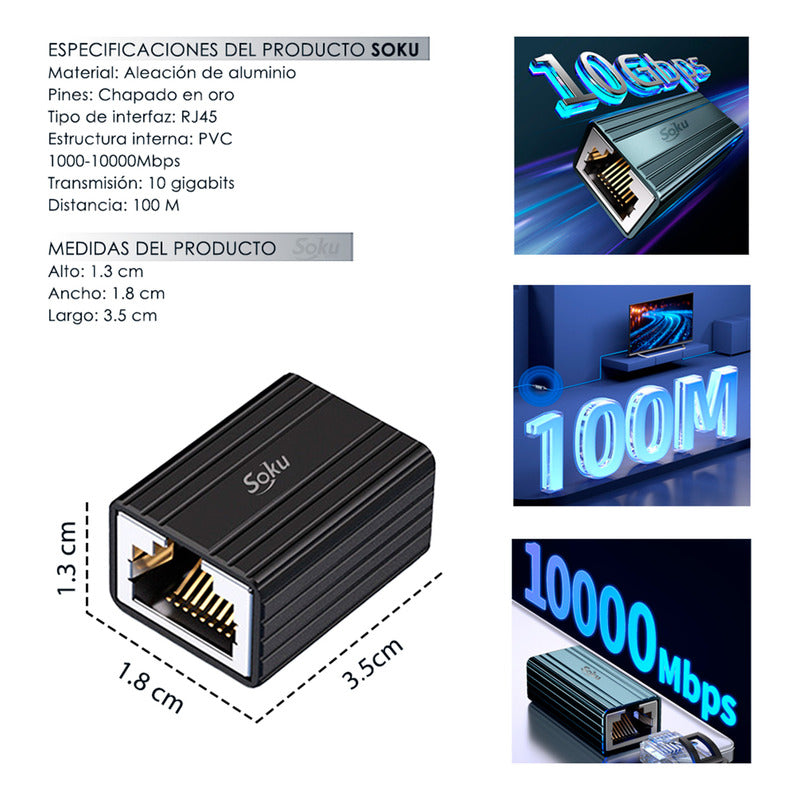 Soku Extensor Cable Ethernet Rj45 Hd 10gbps Hasta 100m Pro